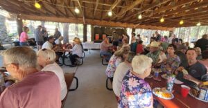 A group of people gathered under a pavilion decorated with string lights, sitting at picnic tables and enjoying a meal. Food and drinks are on the tables, and a buffet setup is visible in the background like an inviting gallery of culinary delights. The event appears lively, with people engaged in conversation.