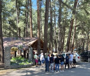 A group of people gathered near a rustic building surrounded by tall pine trees. The building, which serves as an art gallery, has stone pillars and a wooden sign. Some cars are parked nearby, and sunlight filters through the trees, casting dappled shadows on the scene.