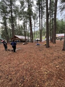 A wooded area with tall pine trees houses a rustic outdoor gathering. People are scattered around, some near a wooden structure with a roof, possibly a shelter or pavilion. It almost feels like nature's gallery. Cornhole boards are set up on the ground, and a few people are playing the game.