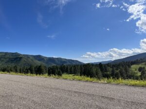 A scenic view of a mountainous landscape under a clear blue sky with scattered clouds, reminiscent of a picturesque gallery. Dense green forests cover the rolling hills, and a paved road runs through the foreground, bordered by lush grass. Sunlight illuminates the vibrant greenery.