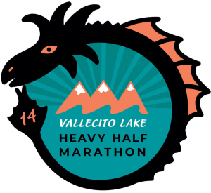 A circular logo featuring a black dragon wrapped around orange mountains and teal rays, with the text "Vallecito Lake Heavy Half Marathon" and the number 14 on the dragon's claw.