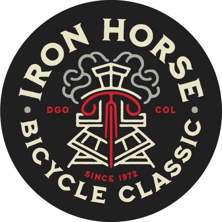 Circular logo for the Iron Horse Bicycle Classic with a stylized train graphic in the center, "DGO" and "COL" on each side, and "Since 1972" at the bottom. Text surrounds the image on a black background.