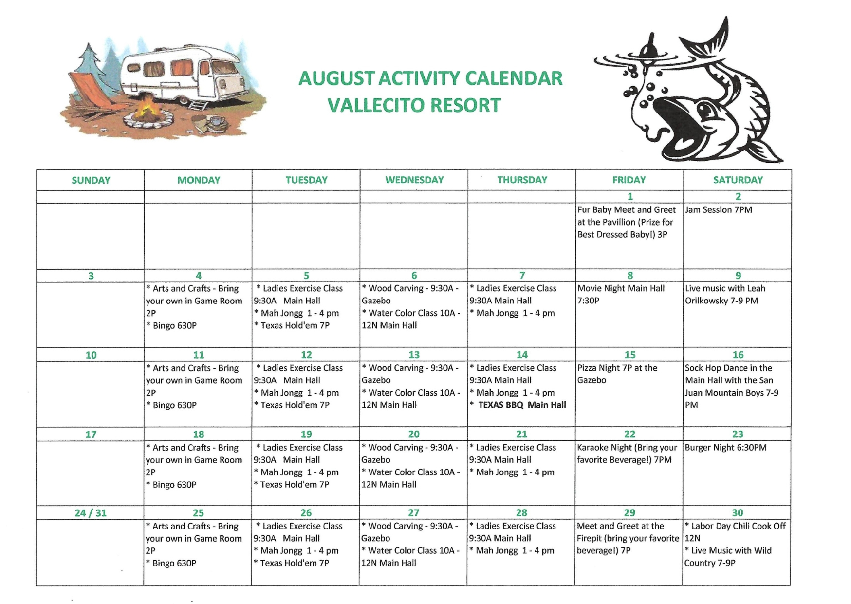 August activity calendar for Vallecito Resort with daily events listed in a table. Includes illustrations of a camper and a fish. Events include arts and crafts, music, exercise classes, Bingo, and social gatherings.