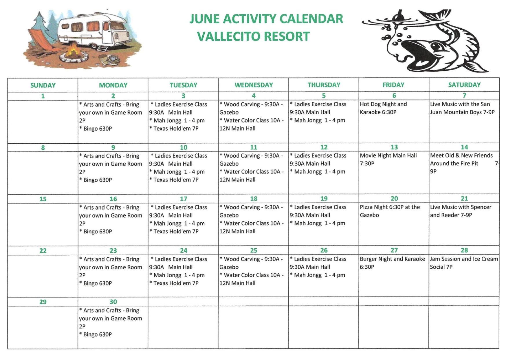 June activity calendar for Vallecito Resort with daily events such as arts and crafts, bingo, exercise classes, karaoke, wood carving, movie nights, campfire gatherings, live music, and themed nights for each day in June.