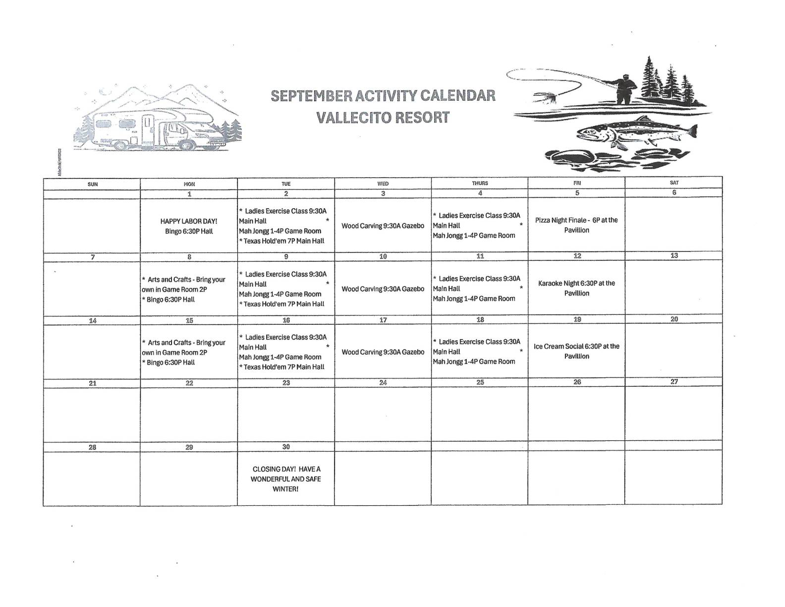 September activity calendar for Vallecito Resort with daily events listed, including exercise classes, bingo, wood carving, potlucks, karaoke, and dinners, organized in a table format.