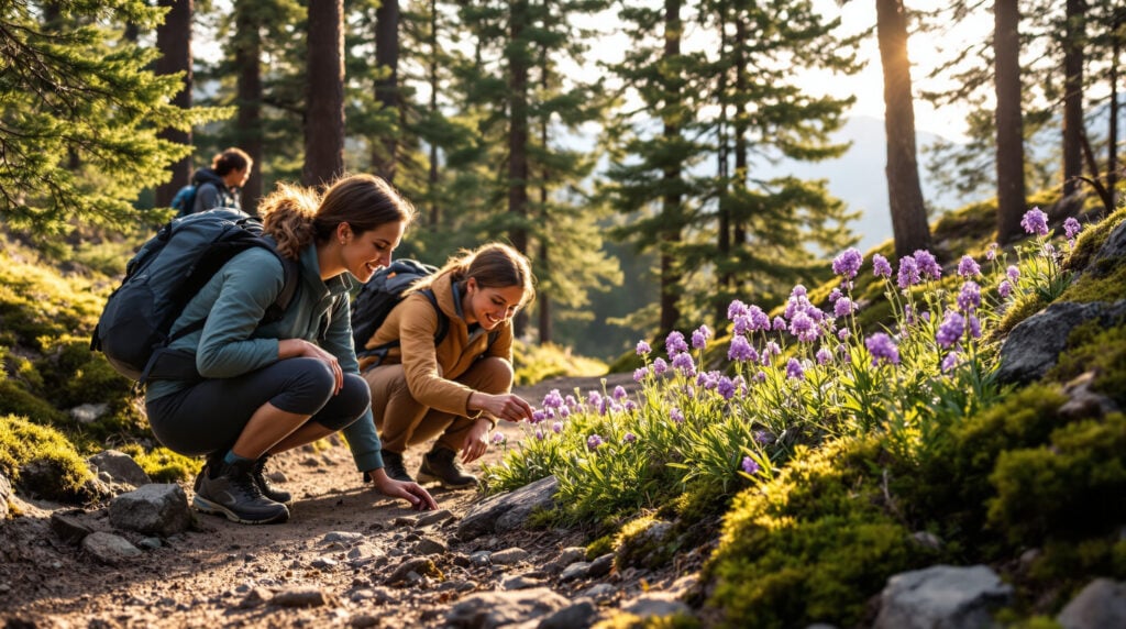 Three hikers examine blooming purple wild orchids along a forest trail in soft morning light, surrounded by pine trees and mossy rocks.