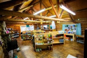 Interior of a rustic log cabin store with wooden beams, shelves stocked with groceries, snacks, and household items, and natural light from windows.