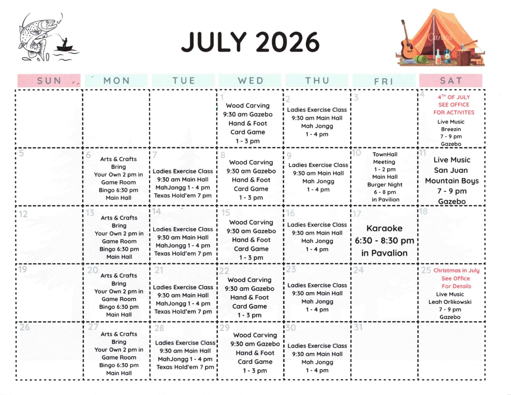 July 2026 activity calendar featuring daily events such as arts & crafts, wood carving, games, ladies exercise, karaoke, live music, and special July 4th activities at a campground.