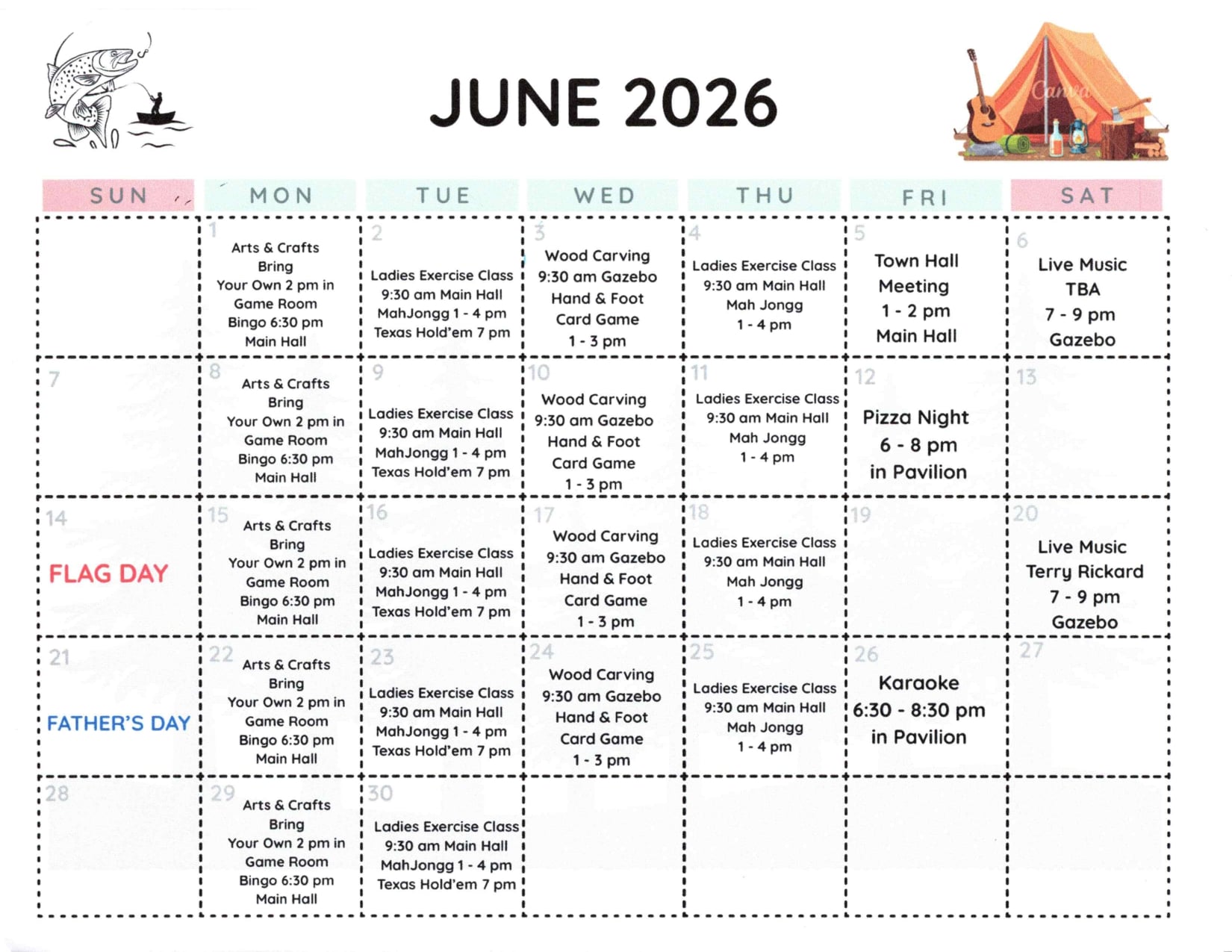 June 2026 activity calendar with daily events such as arts & crafts, exercise classes, wood carving, card games, meetings, and live music. Special notes for Flag Day and Father's Day.