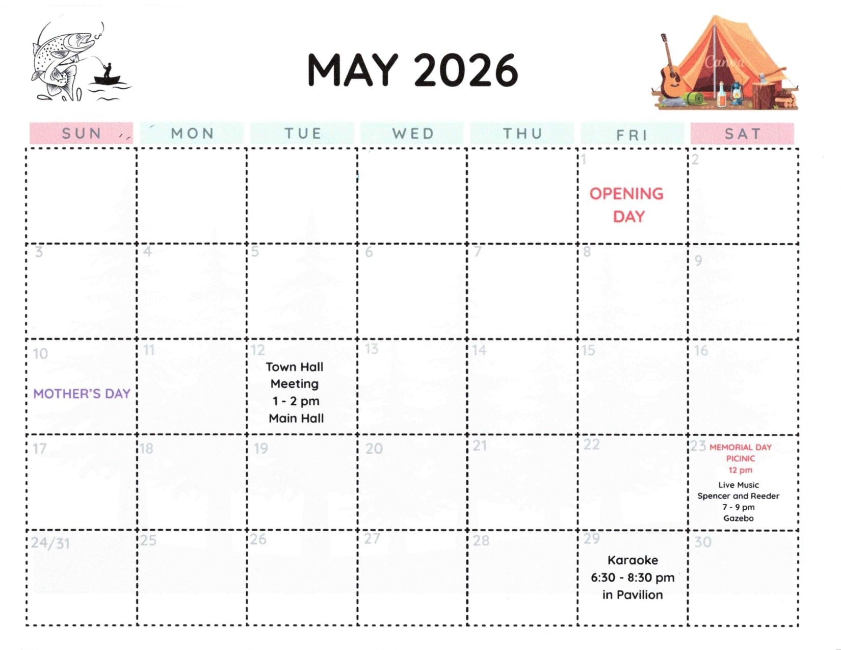 May 2026 calendar with illustrated camping gear, showing events such as Opening Day, Town Hall Meeting, Karaoke, Mother’s Day, and Memorial Day Picnic.