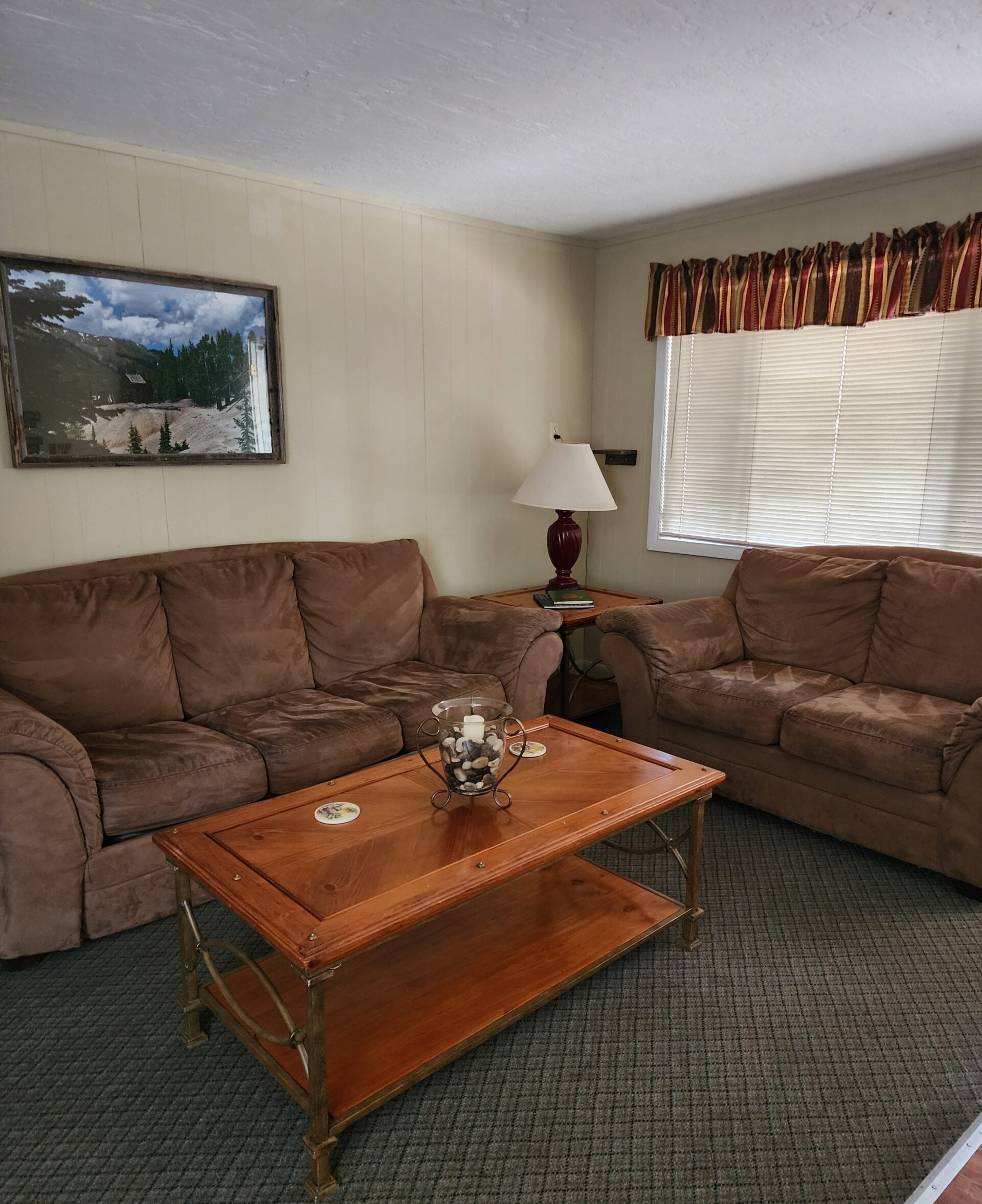 A living room with two brown sofas, a wooden coffee table, a table lamp, a bowl of pinecones, and a landscape photo on the wall. Sunlight comes through a window with blinds and a valance.