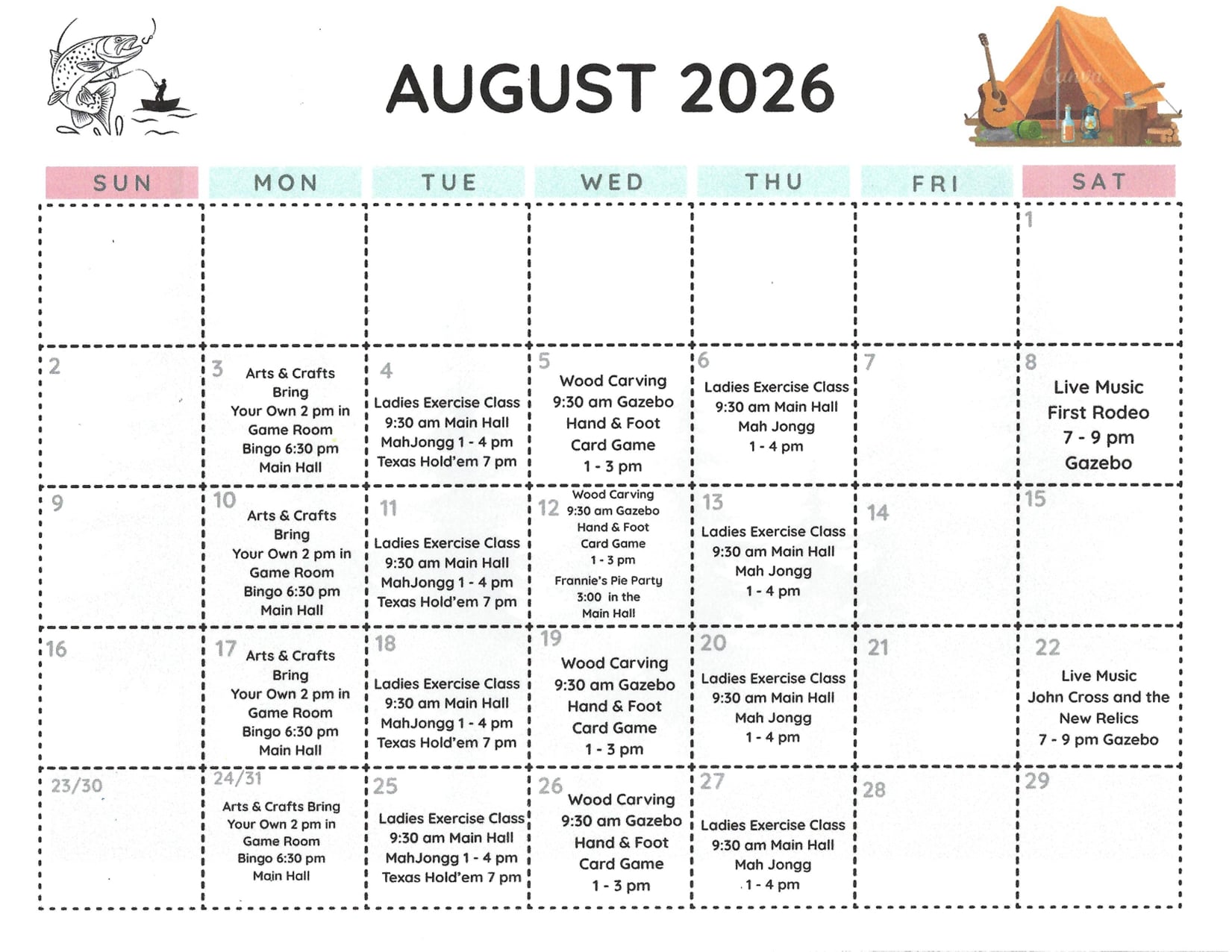 August 2026 calendar with weekly activities listed, including arts & crafts, exercise classes, wood carving, games, live music, and a rodeo. Illustration of a tent and fishing scene at the top.