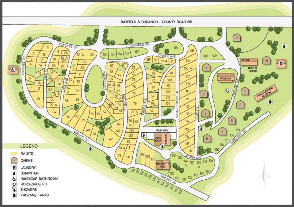 Campground map showing numbered RV and cabin sites, roads, office, main hall, pavilion, rental house, and amenities including showers, laundry, dumpsters, and propane tanks. Legend included.