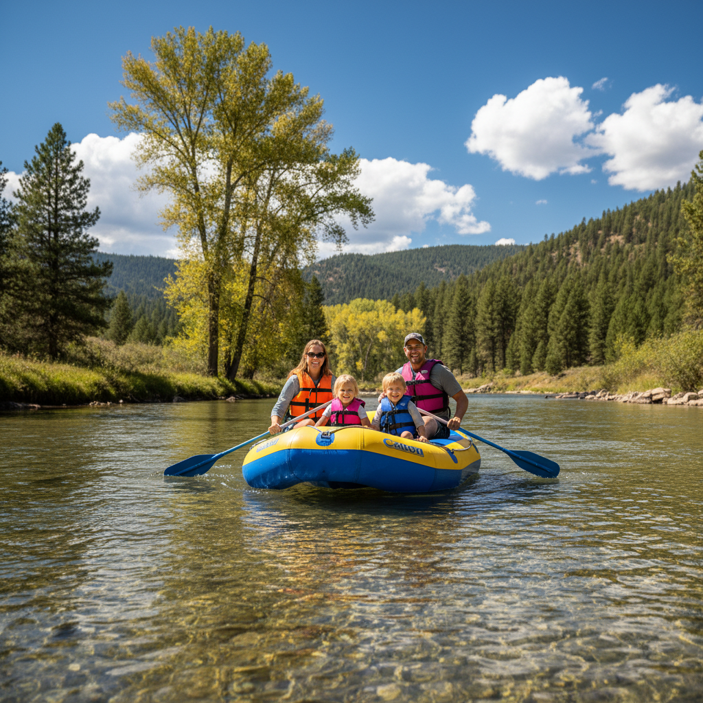 A family of four in life jackets paddles an inflatable raft down a clear river, surrounded by trees and mountains under a partly cloudy sky.