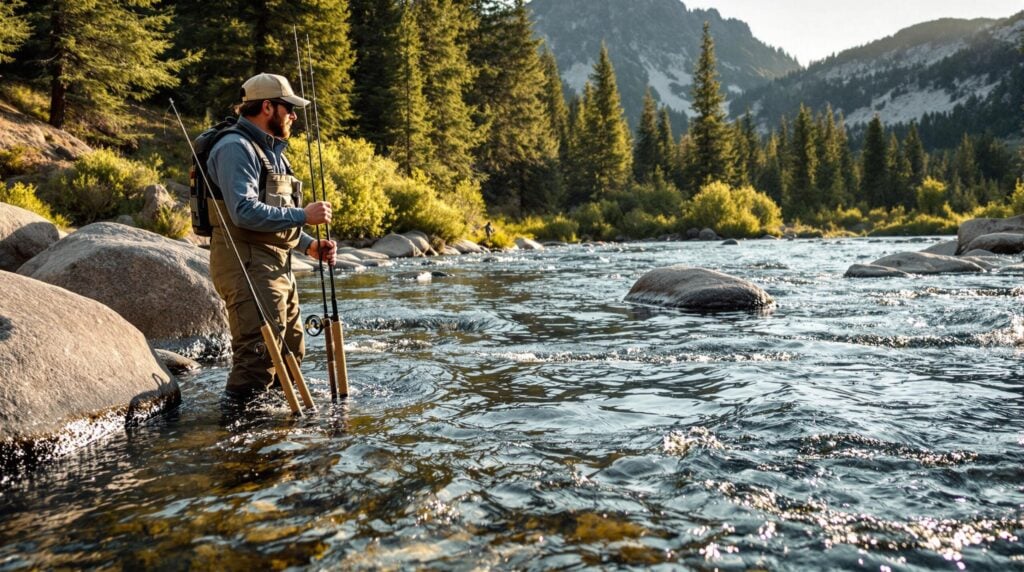 A person in waders stands in a flowing river holding fishing rods, surrounded by trees and mountains under a clear sky.