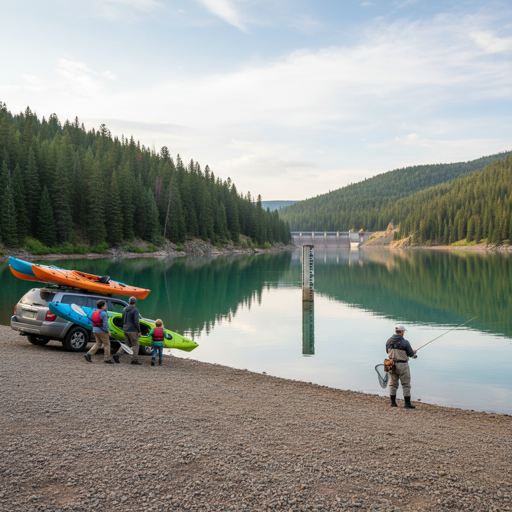 A group unloads kayaks by a car near a calm lake as a person fishes from the shore; a dam and dense pine forest are in the background.