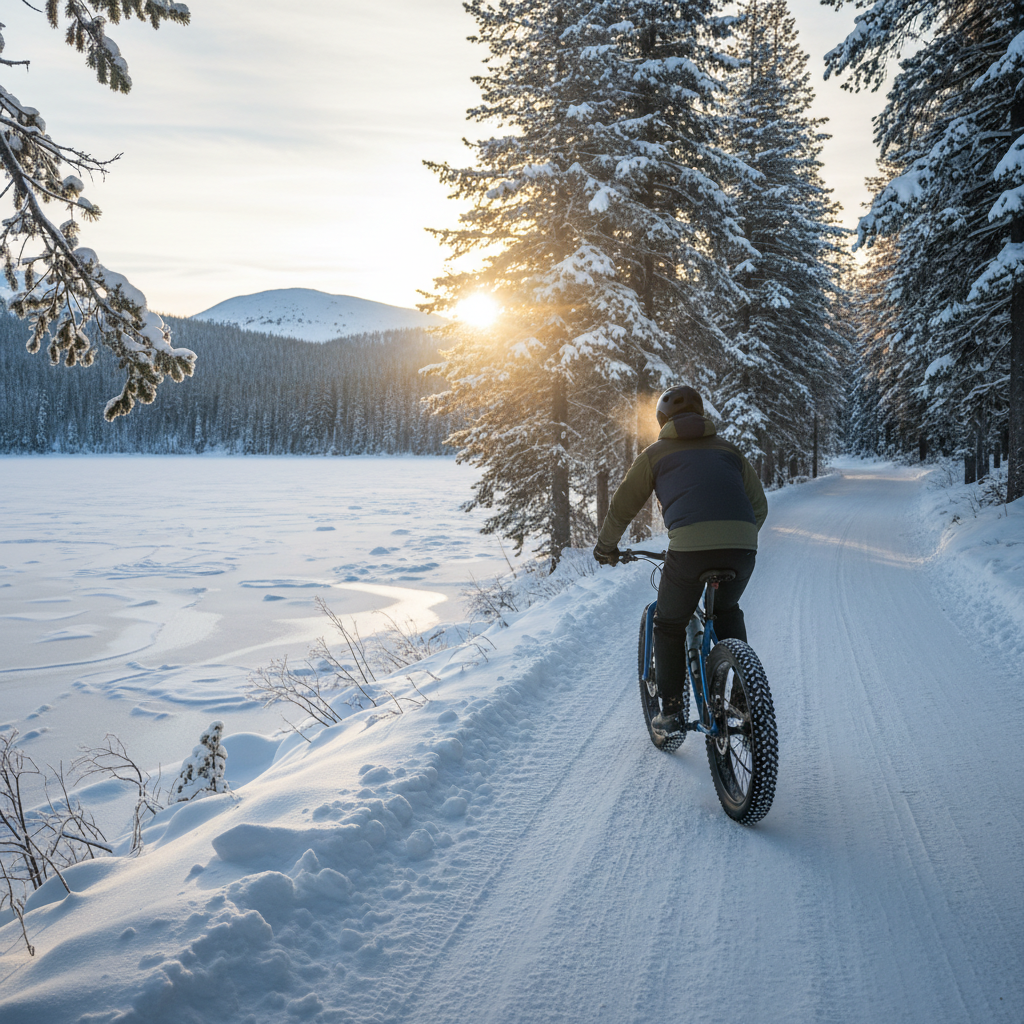 A person rides a fat-tire bike on a snowy trail beside a frozen lake, surrounded by snow-covered trees at sunrise.