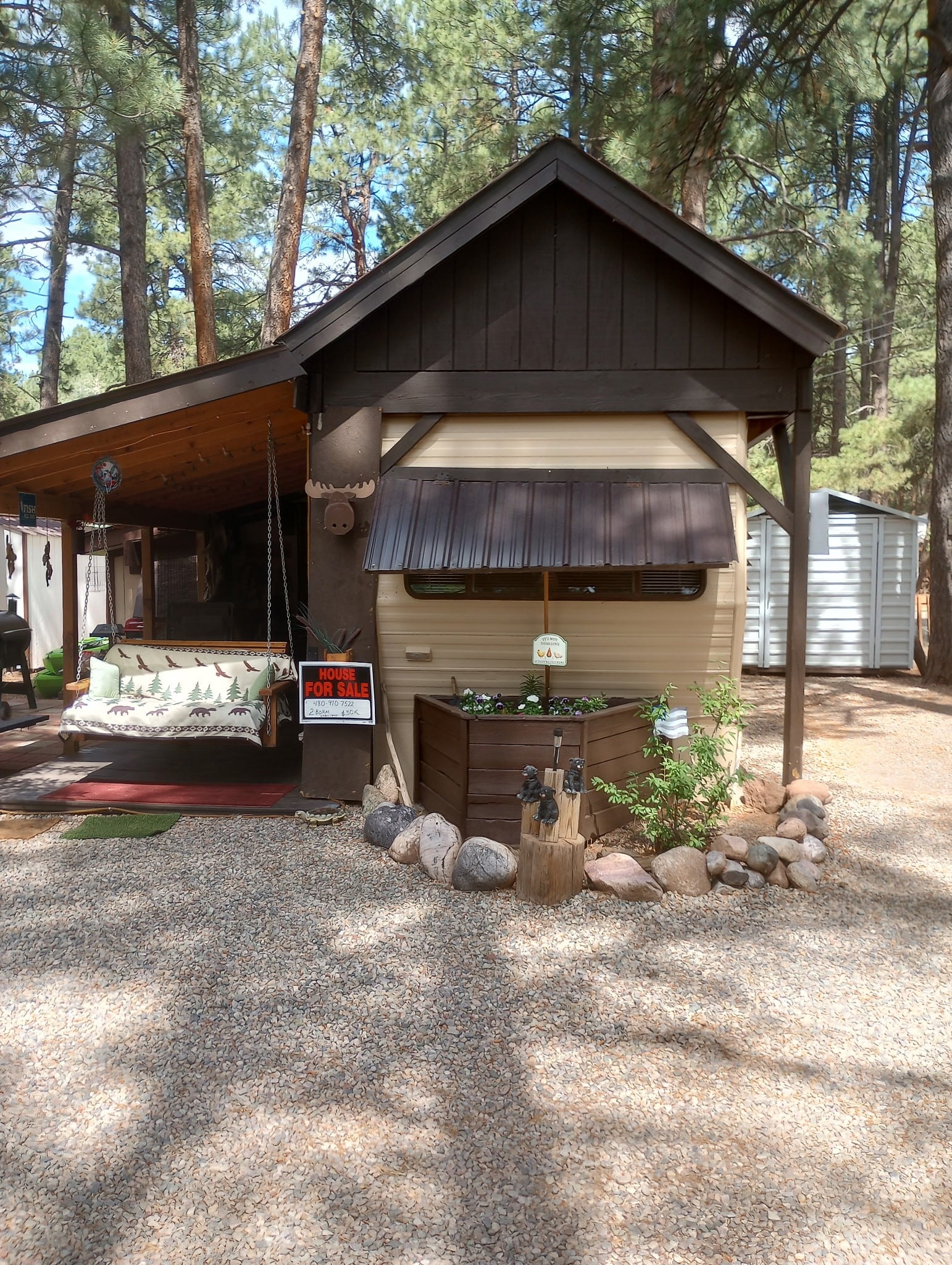 A small cabin with a covered porch and swing sits among tall pine trees. A “For Sale” sign is visible near the entrance, and decorative rocks and plants line the front.
