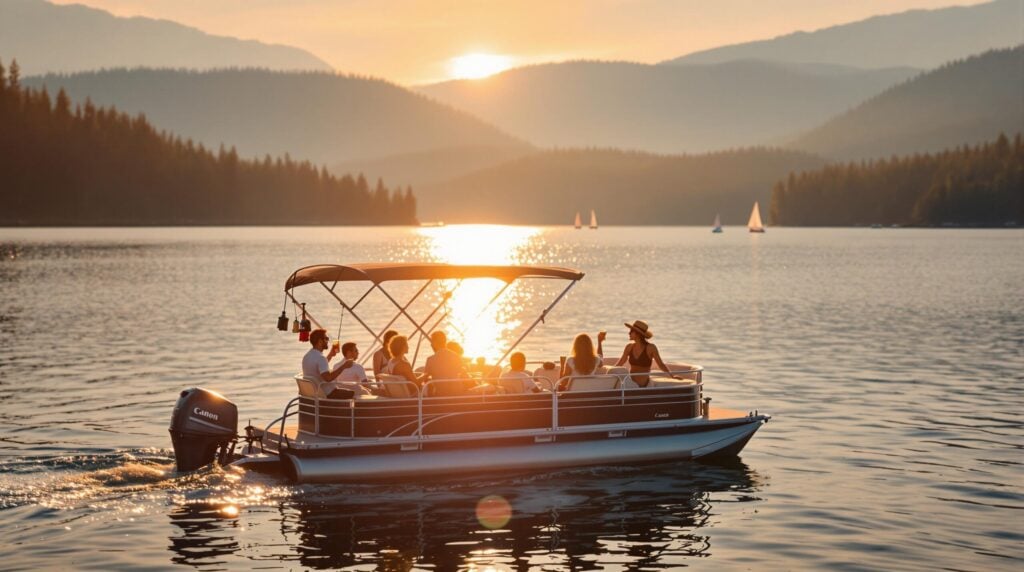 A group of people ride a pontoon boat on a lake at sunset with tree-covered hills, mountains, and sailboats in the background.