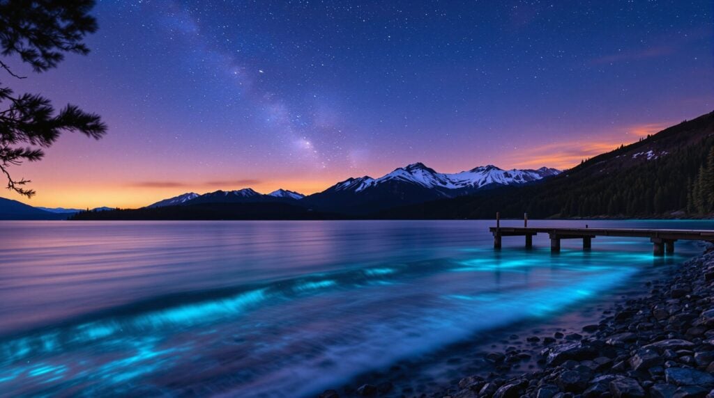 A wooden dock extends over a calm lake with glowing blue waves, snowy mountains in the background, and a starry sky above.